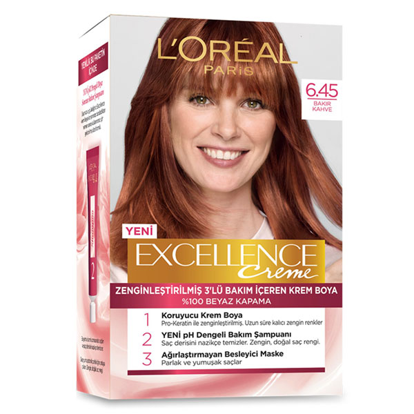 کیت رنگ مو لورآل مدل Excellence شماره 6.45 قهوه ای قرمز روشن